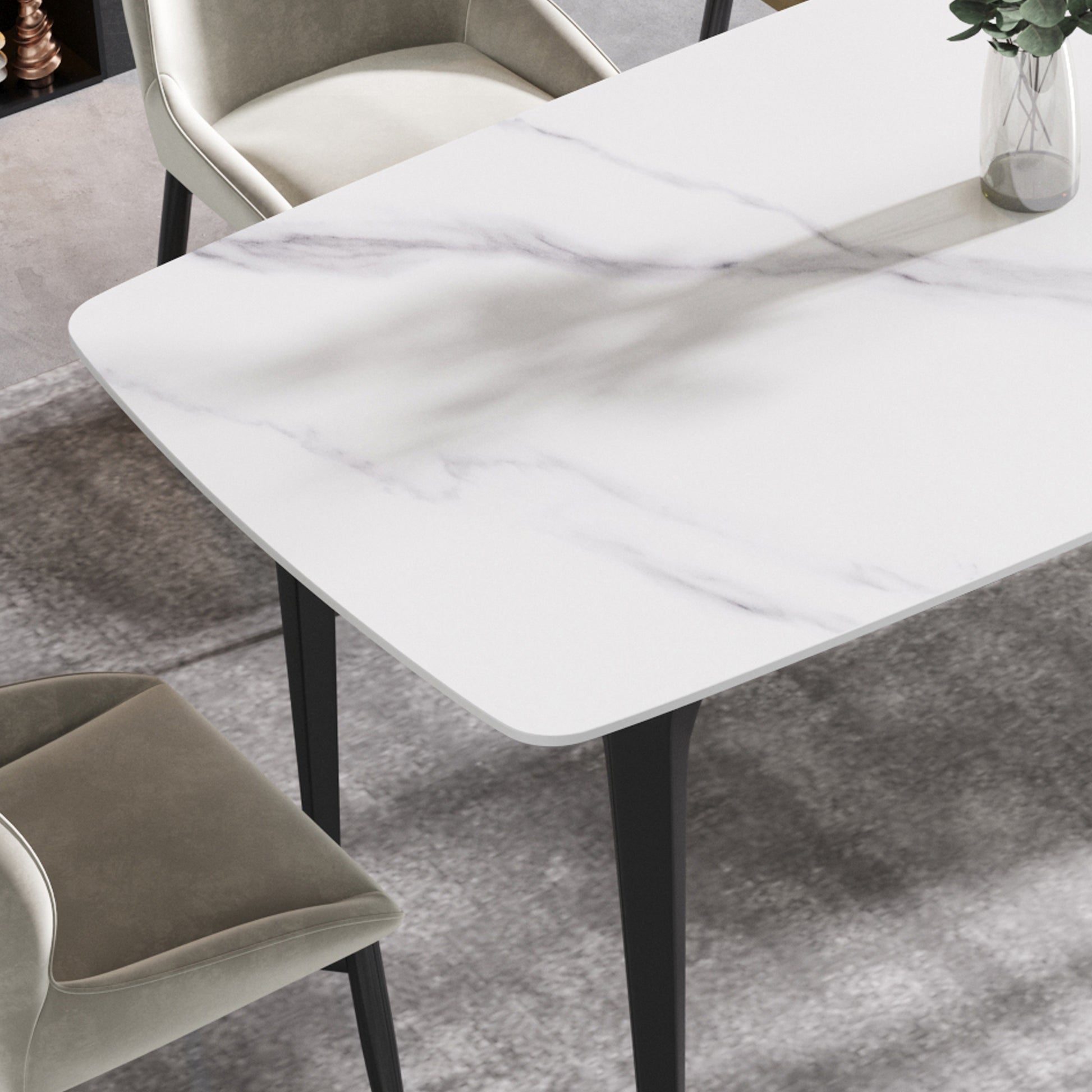 70.87"Modern Artificial Stone White Curved Black Metal Leg Dining Table Can Accommodate 6 8 People White Metal Sintered Stone