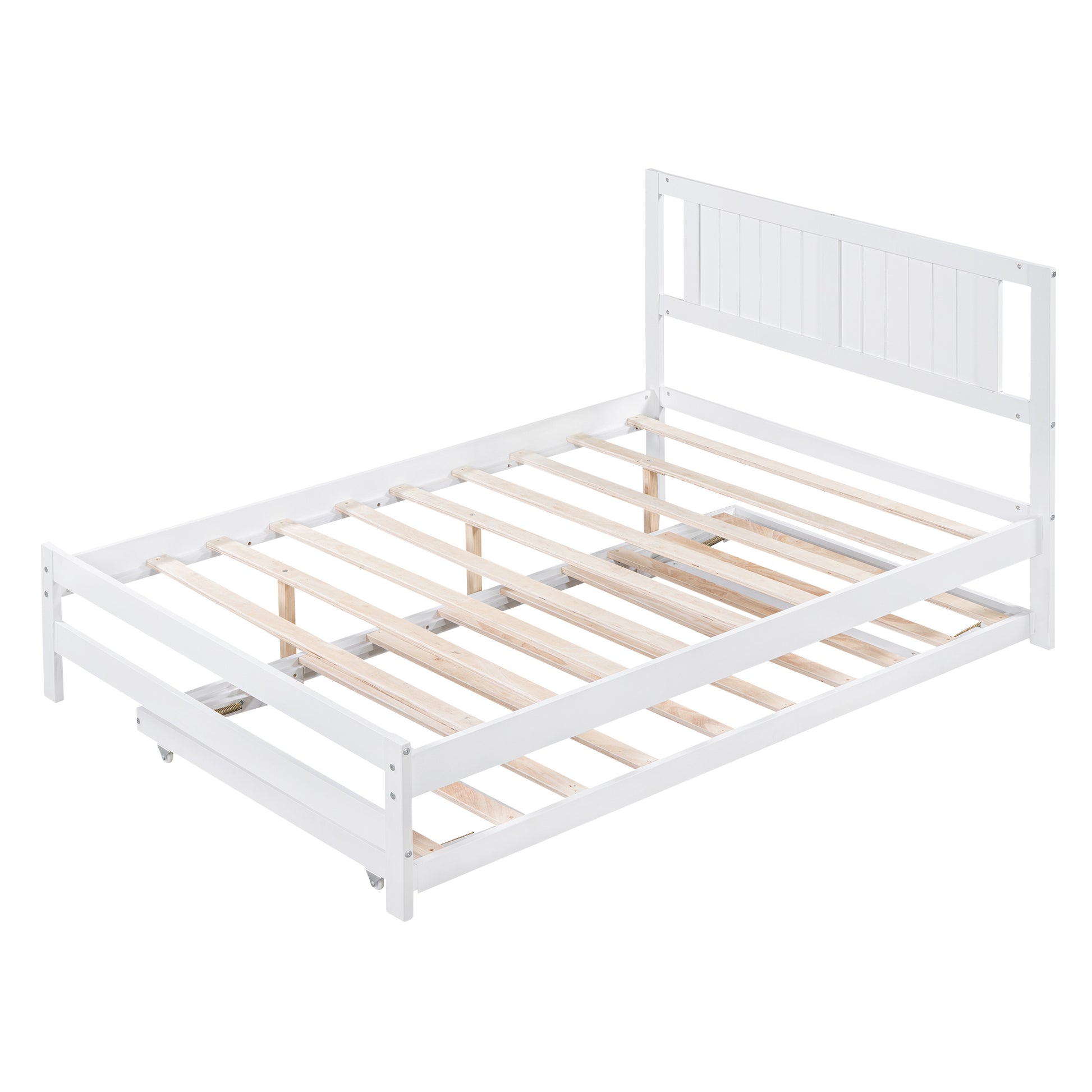 Full Size Platform Bed With Adjustable Trundle,White Old Sku:Sm000248Aak White Pine