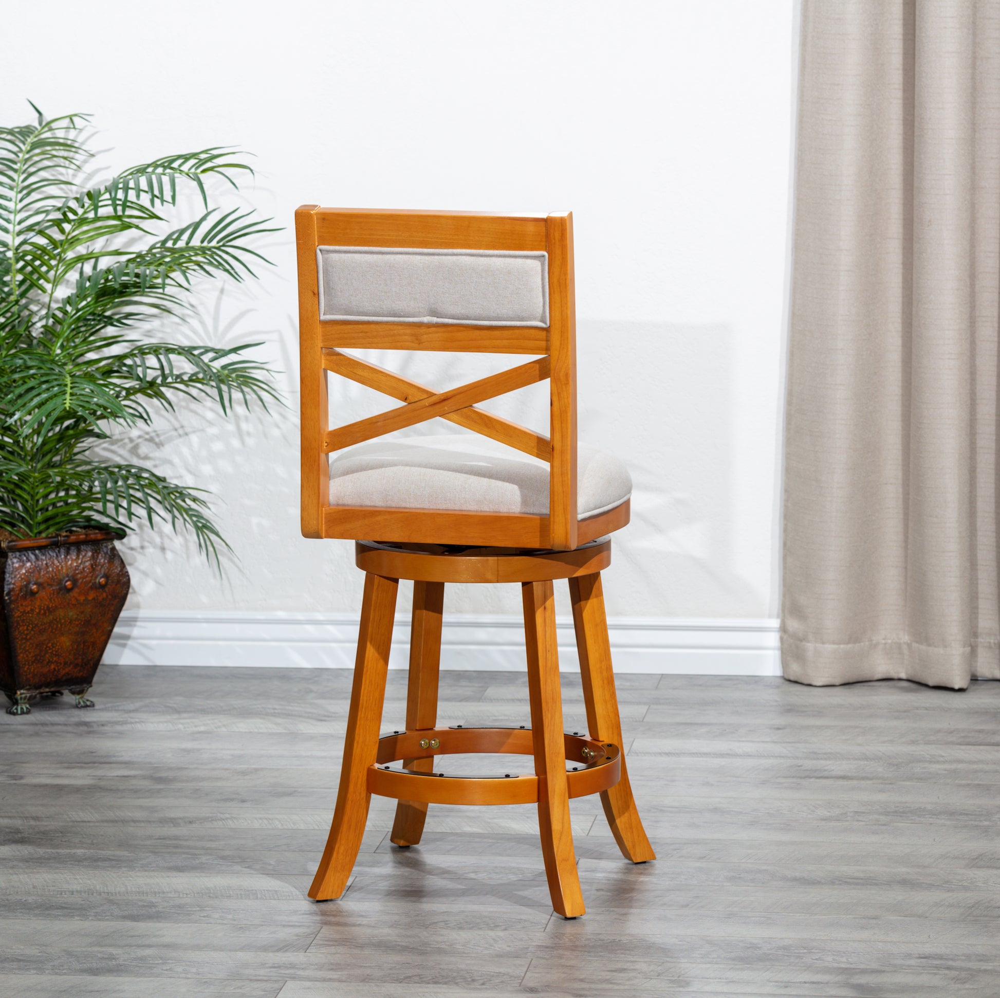 30" Bar Height X Back Swivel Stool, Natural Finish, Beige Fabric Seat Natural Fabric