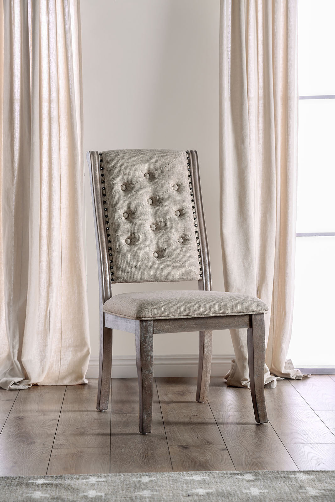 Natural Rustic Tone Set Of 2 Dining Chairs Beige Fabric Tufted Back Chairs Trim Upholstered Seat Glam Transitional Natural Dining Room Contemporary,Mid Century Modern,Modern,Transitional Dining Chairs Rubberwood Tufted Back Solid Wood