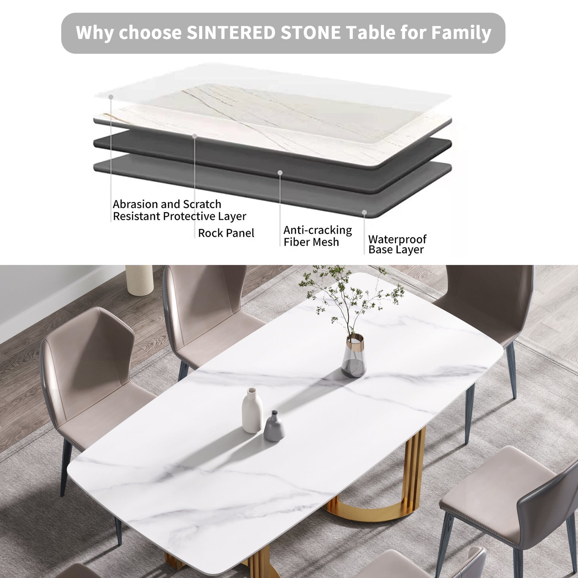 70.87"Modern Artificial Stone White Curved Golden Metal Leg Dining Table Can Accommodate 6 8 People White Metal Sintered Stone