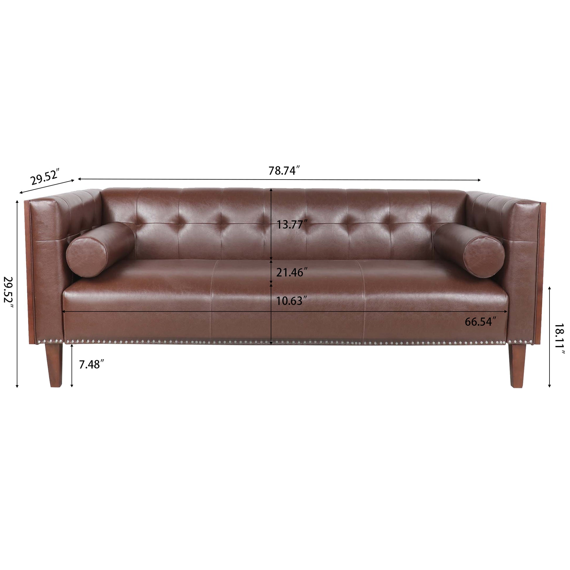 78.74" Wooden Decorated Arm 3 Seater Sofa Dark Brown Pu Pu