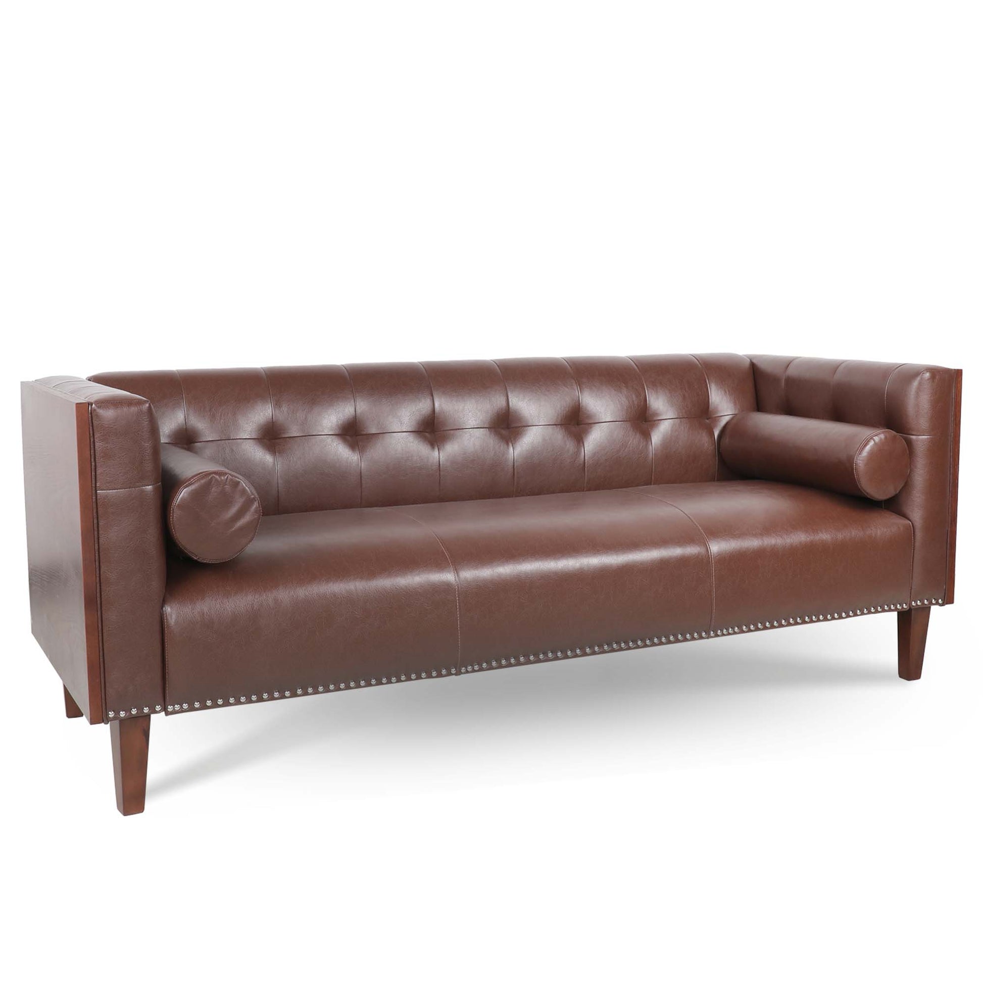 78.74" Wooden Decorated Arm 3 Seater Sofa Dark Brown Pu Pu