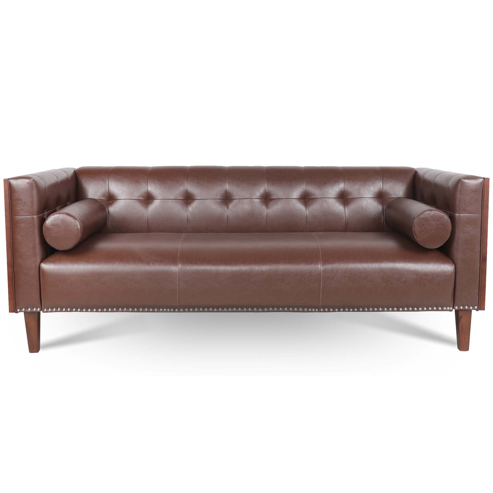 78.74" Wooden Decorated Arm 3 Seater Sofa Dark Brown Pu Pu