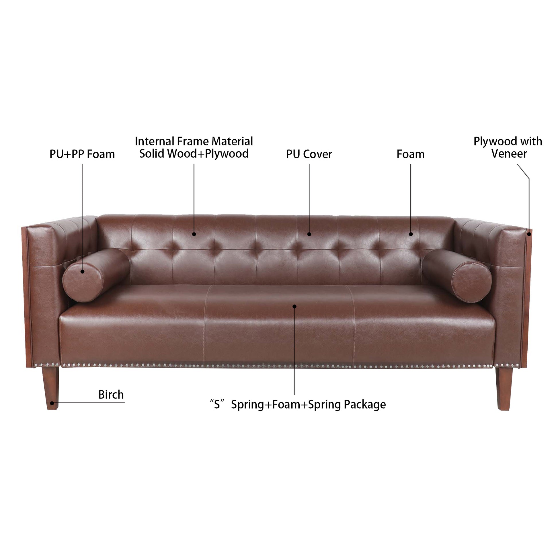 78.74" Wooden Decorated Arm 3 Seater Sofa Dark Brown Pu Pu