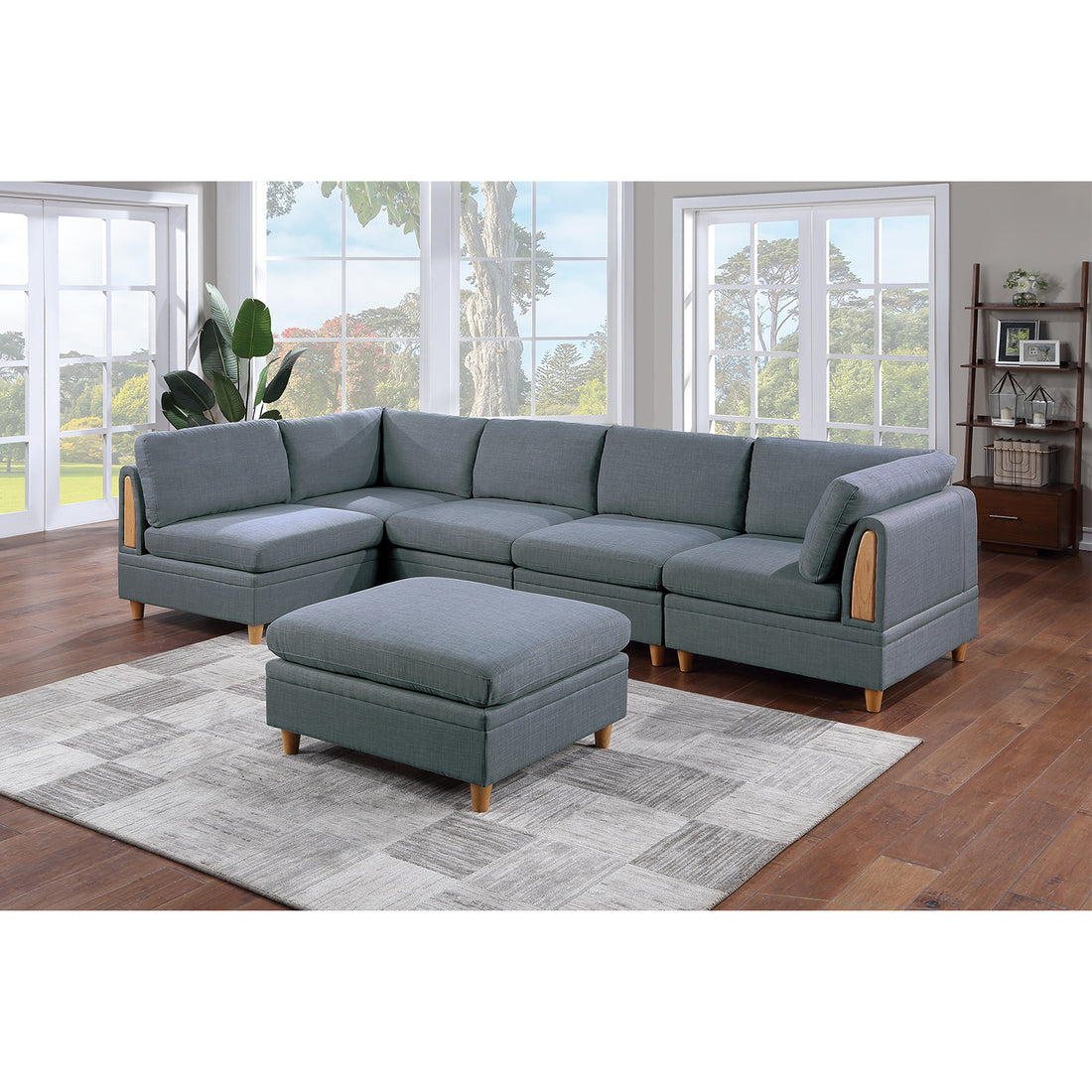 6 Piece Fabric Modular Set With Ottoman In Steel Dark Gray Cushion Back Polyester