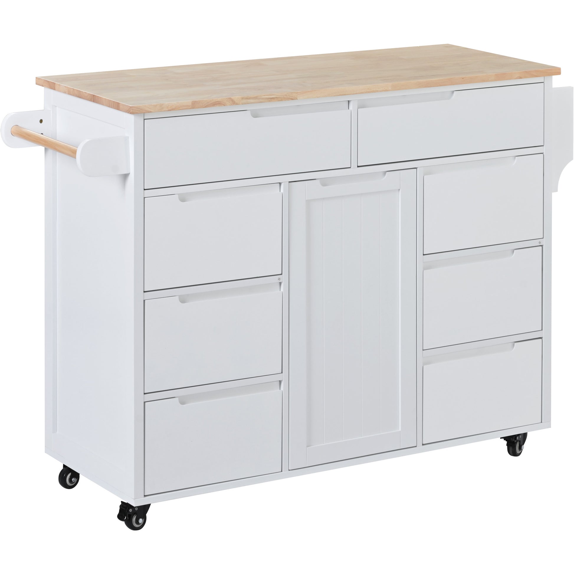 Kitchen Cart With Rubber Wood Countertopkitchen Island Has 8 Handle Free Drawers Including A Flatware Organizer And 5 Wheels For Kitchen Dinning Room, White White Mdf