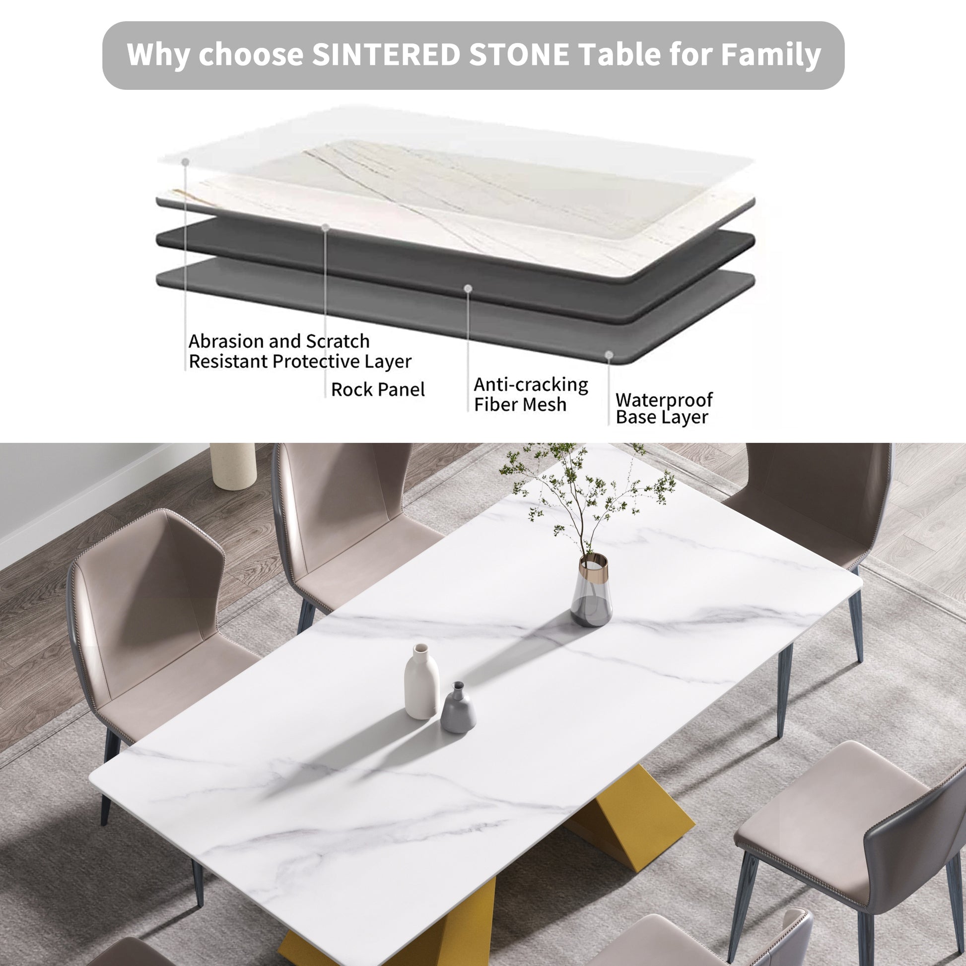 70.87" Modern Artificial Stone White Straight Edge Golden Metal Leg Dining Table Can Accommodate 6 8 People White Metal Sintered Stone