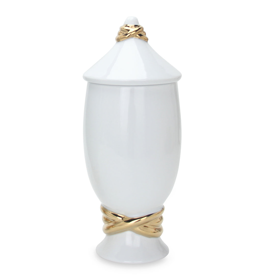 White Ceramic Decorative Jar With Gold Accent And Lid White Ceramic