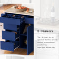 Kitchen Cart With Rubber Wood Countertopkitchen Island Has 8 Handle Free Drawers Including A Flatware Organizer And 5 Wheels For Kitchen Dinning Room, Dark Blue Blue Mdf