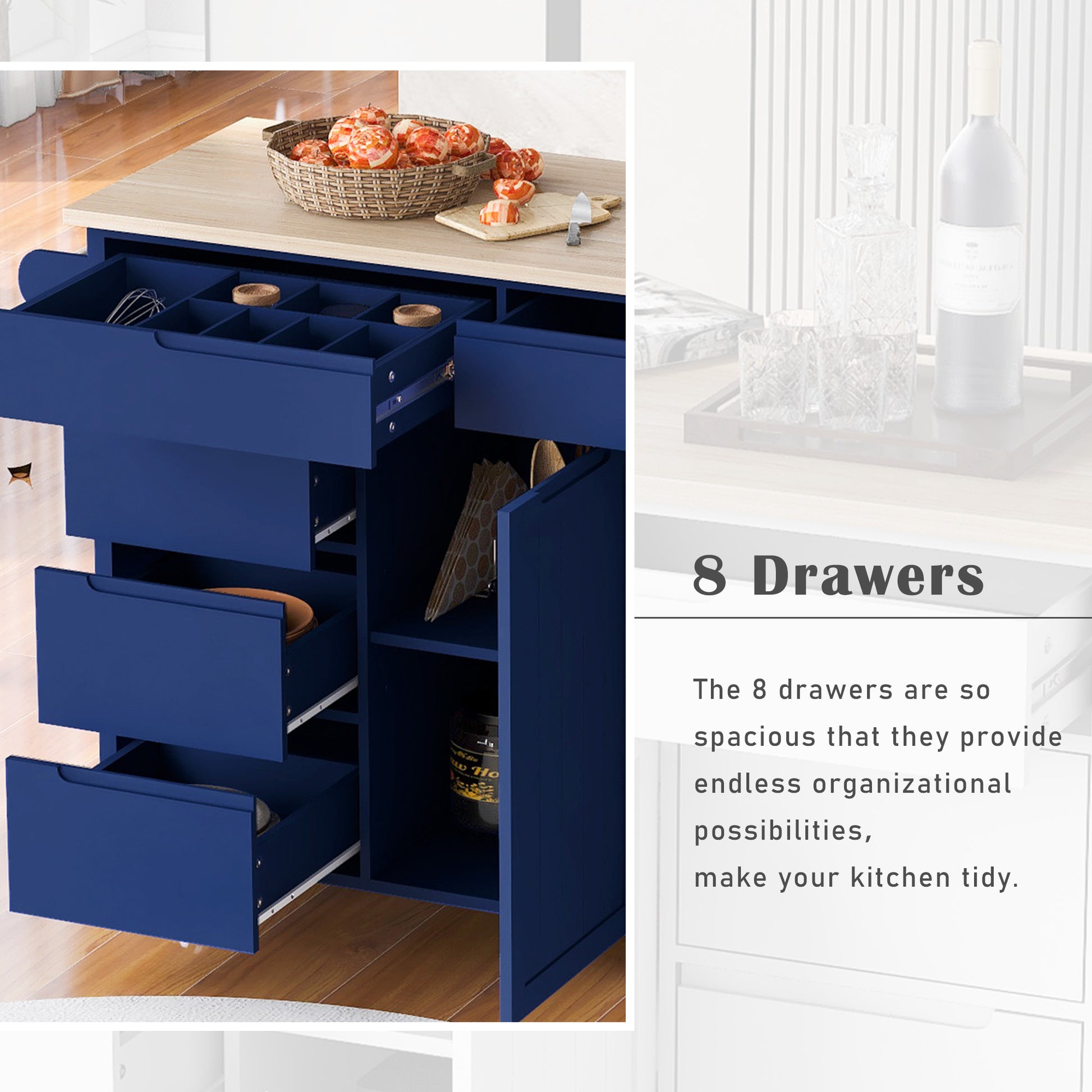 Kitchen Cart With Rubber Wood Countertopkitchen Island Has 8 Handle Free Drawers Including A Flatware Organizer And 5 Wheels For Kitchen Dinning Room, Dark Blue Blue Mdf