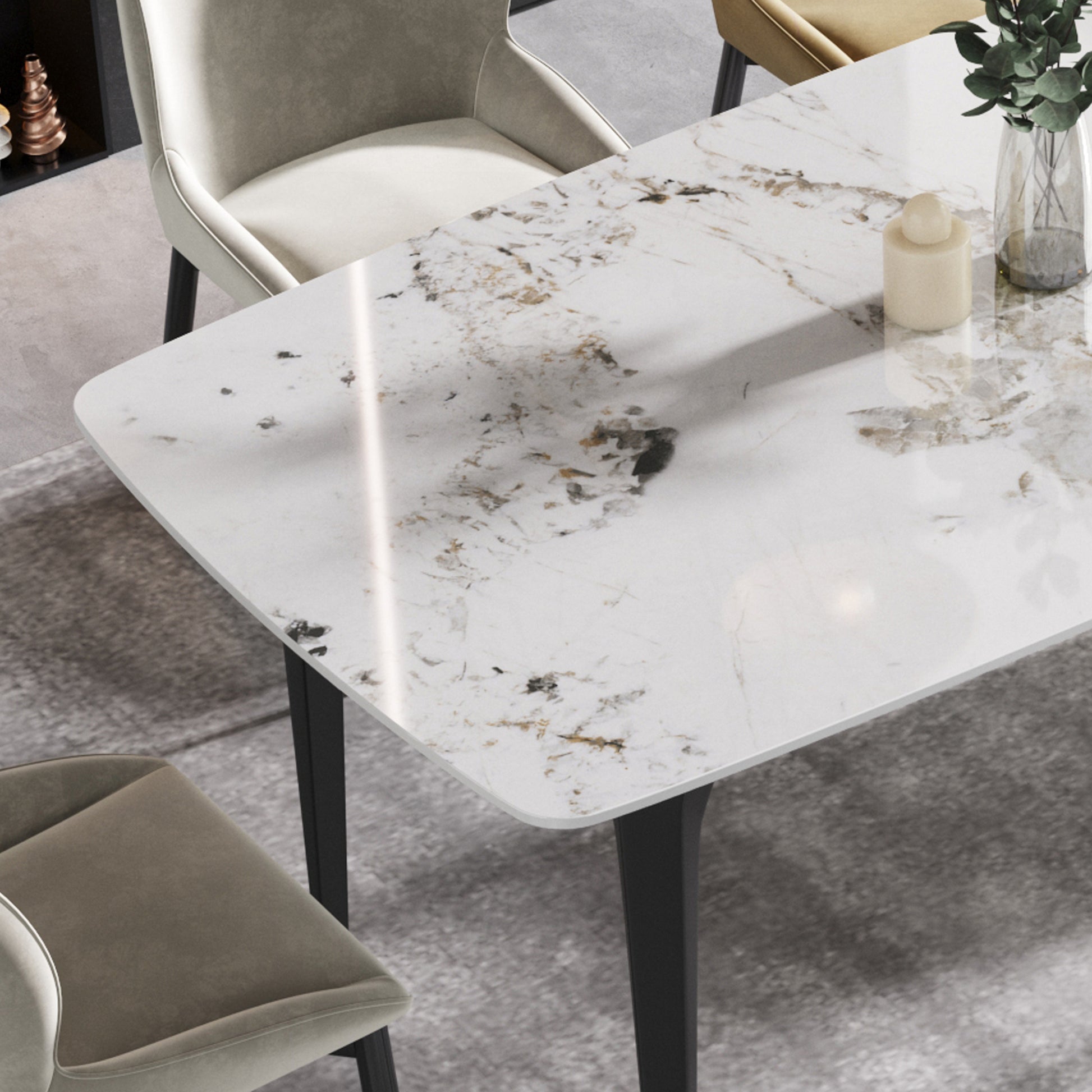 70.87"Modern Artificial Stone Pandora White Curved Black Metal Leg Dining Table Can Accommodate 6 8 People Antique White Metal Sintered Stone