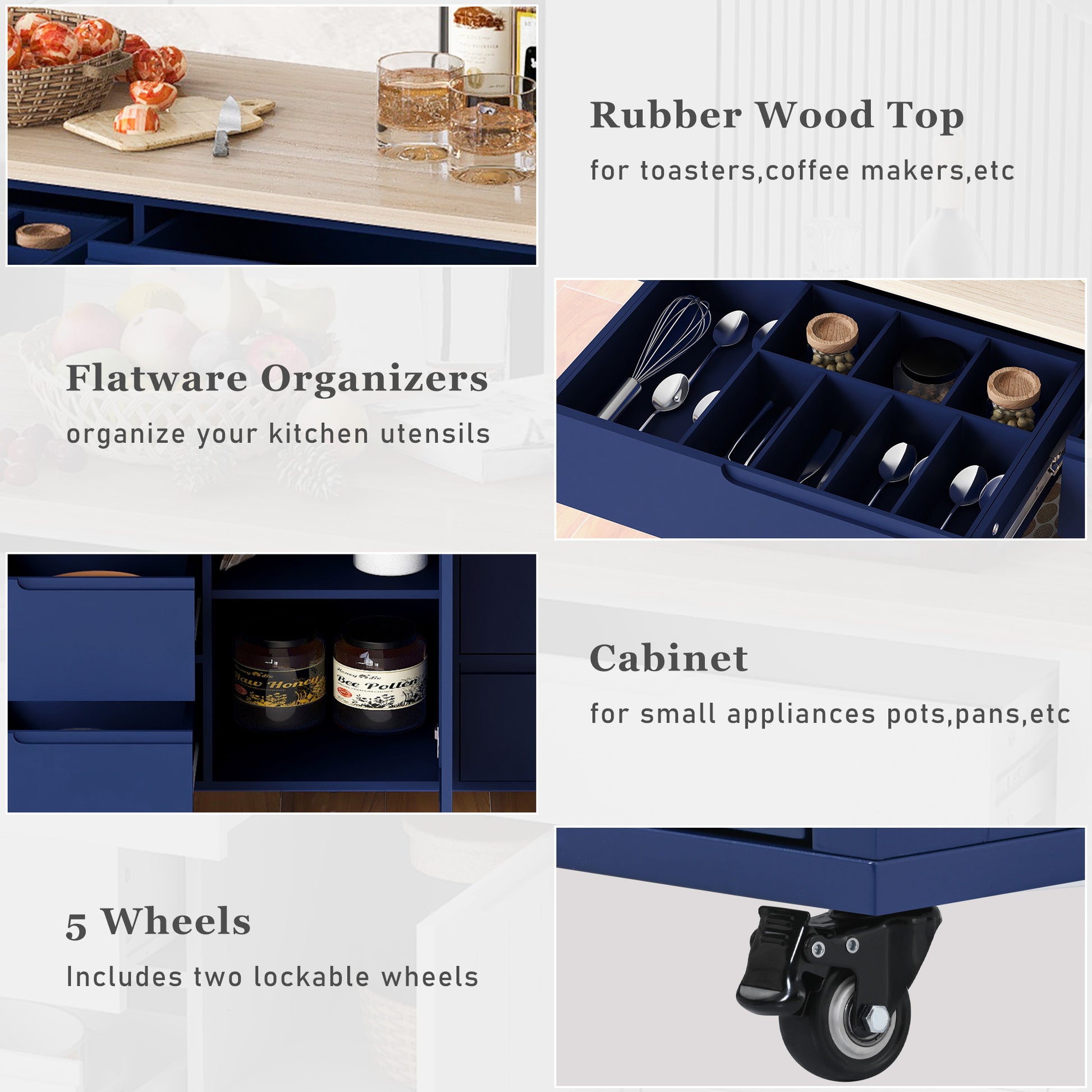 Kitchen Cart With Rubber Wood Countertopkitchen Island Has 8 Handle Free Drawers Including A Flatware Organizer And 5 Wheels For Kitchen Dinning Room, Dark Blue Blue Mdf