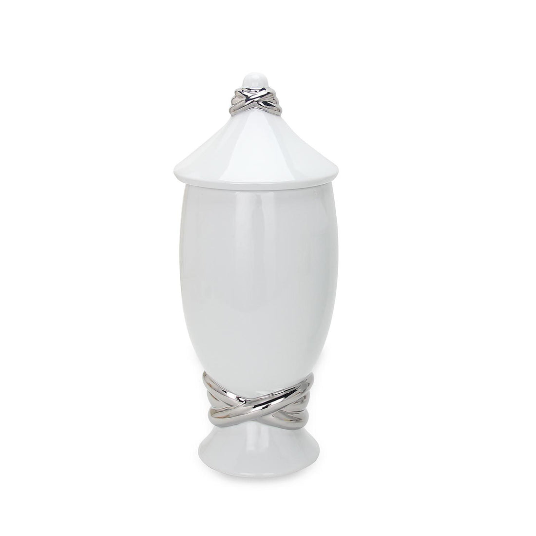 White Ceramic Decorative Jar With Silver Accent And Lid White Ceramic