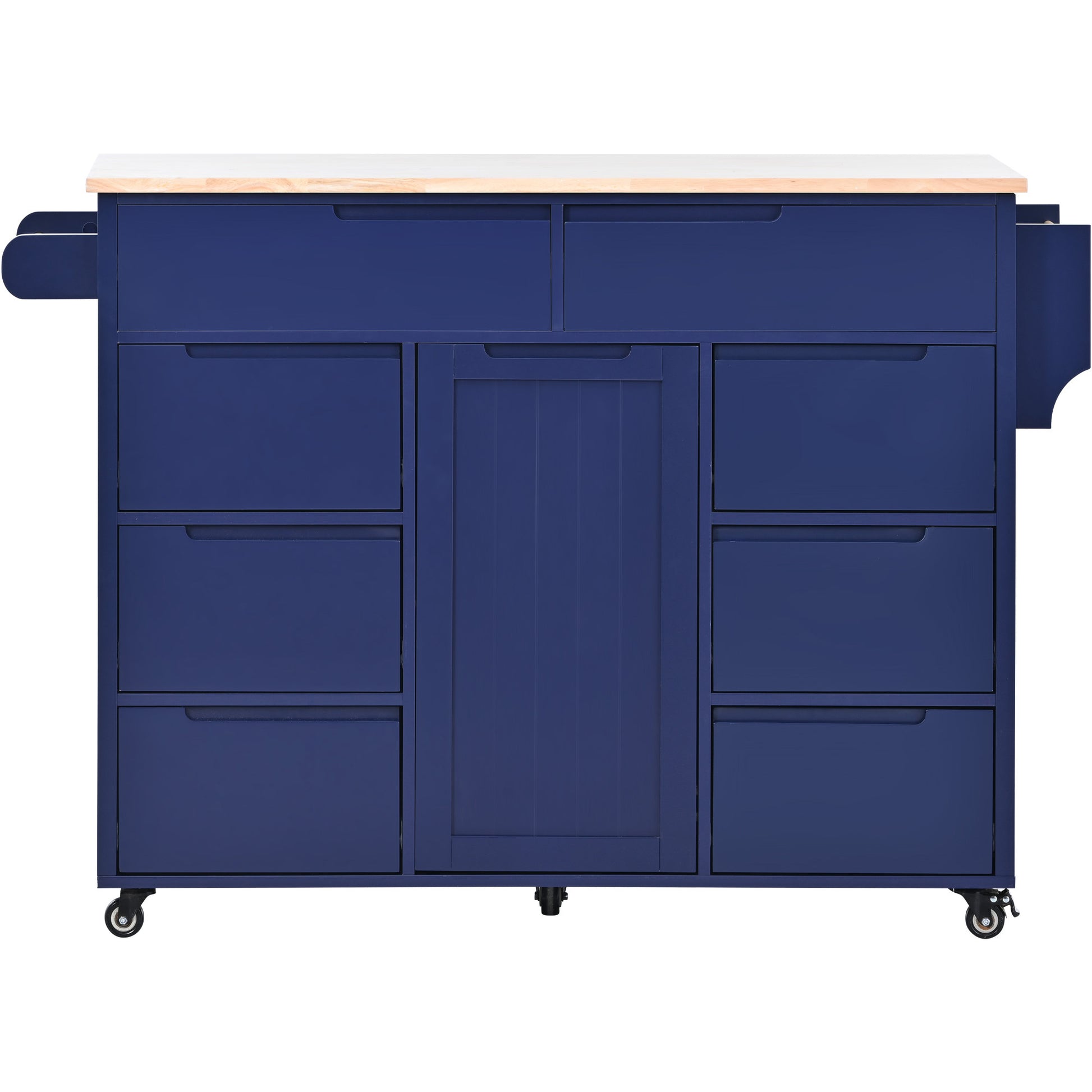 Kitchen Cart With Rubber Wood Countertopkitchen Island Has 8 Handle Free Drawers Including A Flatware Organizer And 5 Wheels For Kitchen Dinning Room, Dark Blue Blue Mdf