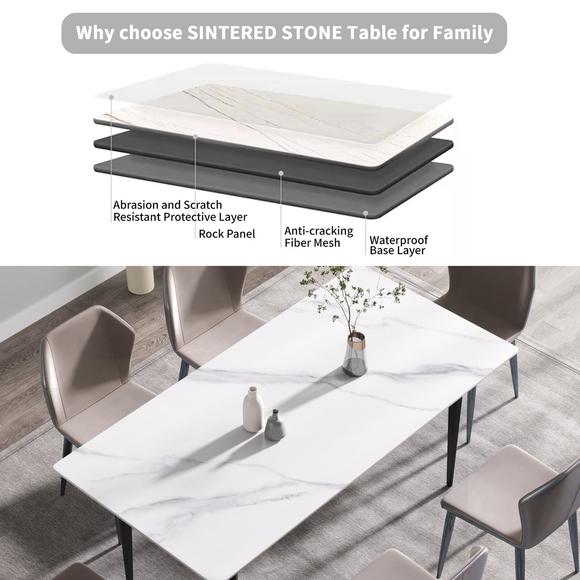 70.87" Modern Artificial Stone White Straight Edge Black Metal Leg Dining Table Can Accommodate 6 8 People White Metal Sintered Stone