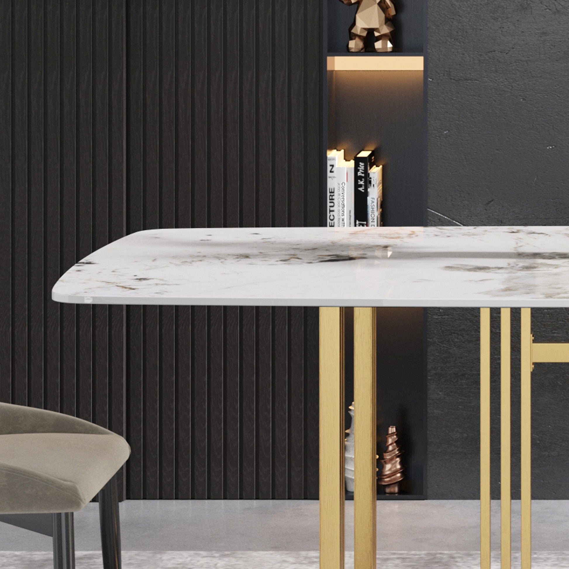 70.87"Modern Artificial Stone Pandora White Curved Golden Metal Leg Dining Table Can Accommodate 6 8 People Antique White Metal Sintered Stone