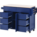 Kitchen Cart With Rubber Wood Countertopkitchen Island Has 8 Handle Free Drawers Including A Flatware Organizer And 5 Wheels For Kitchen Dinning Room, Dark Blue Blue Mdf