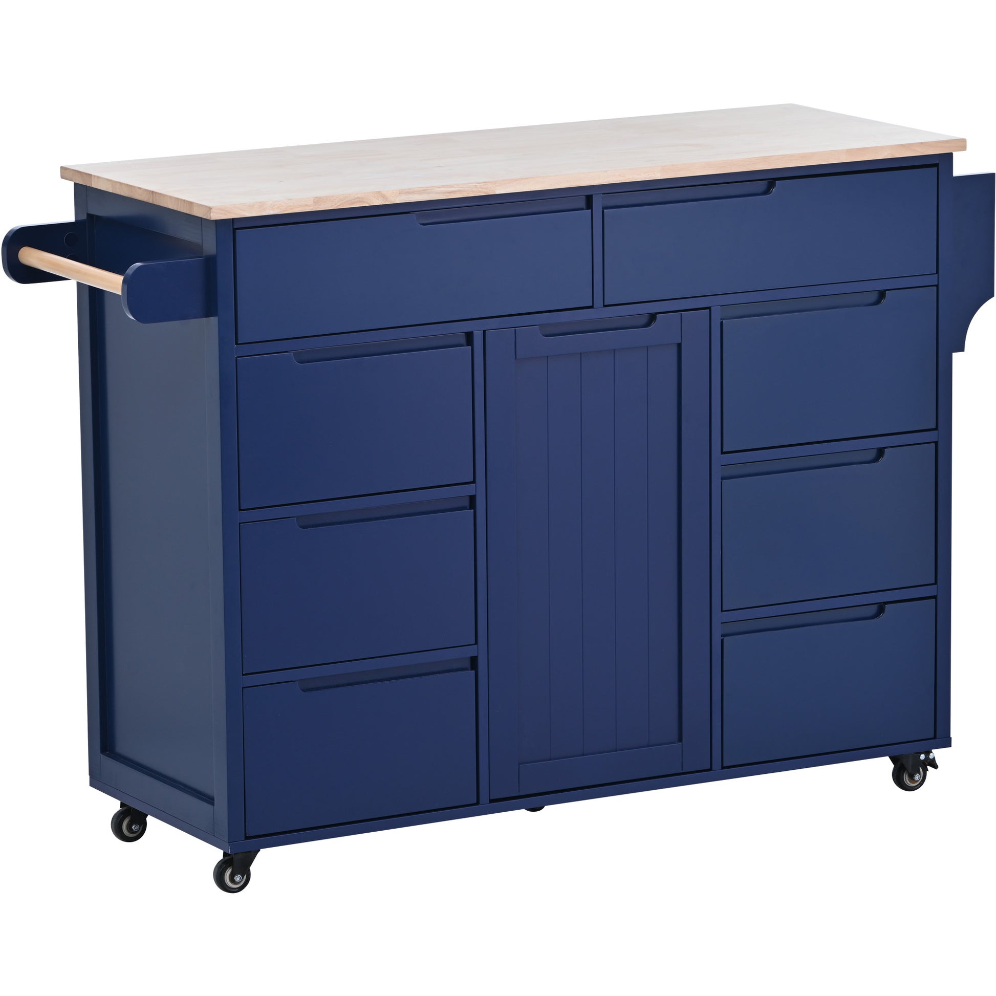 Kitchen Cart With Rubber Wood Countertopkitchen Island Has 8 Handle Free Drawers Including A Flatware Organizer And 5 Wheels For Kitchen Dinning Room, Dark Blue Blue Mdf