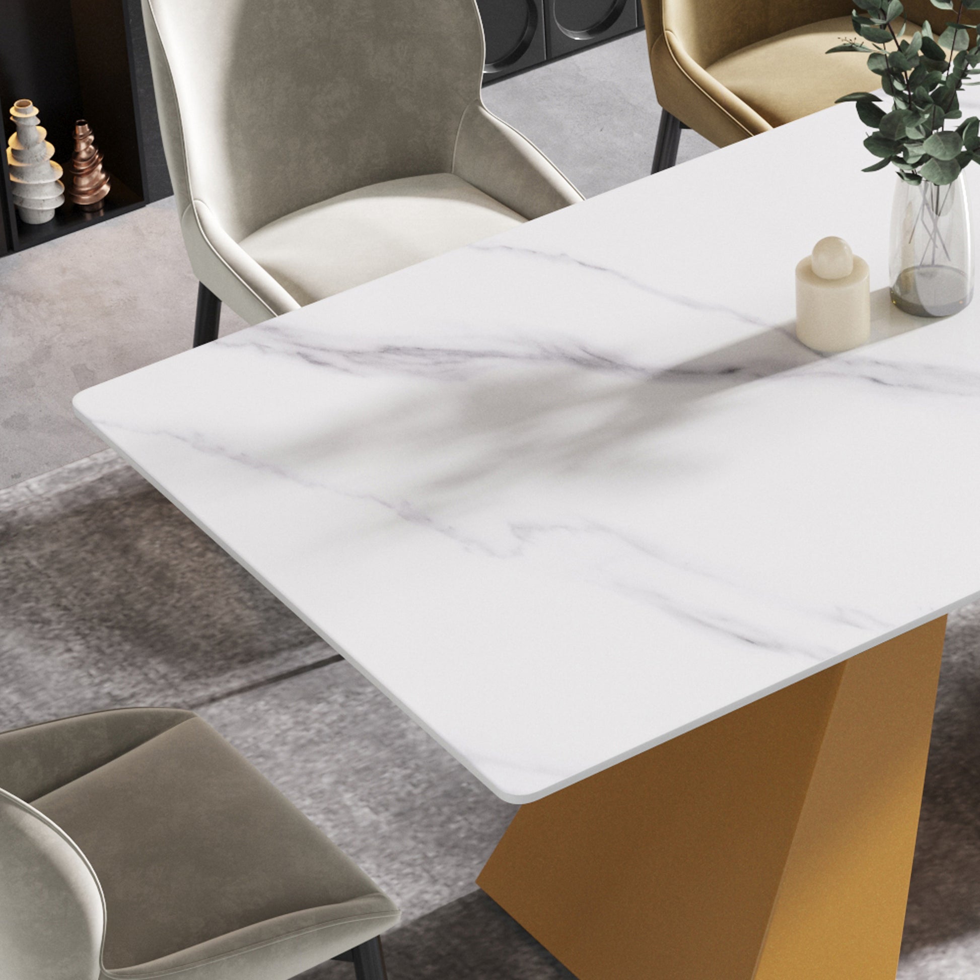 70.87" Modern Artificial Stone White Straight Edge Golden Metal Leg Dining Table Can Accommodate 6 8 People White Metal Sintered Stone