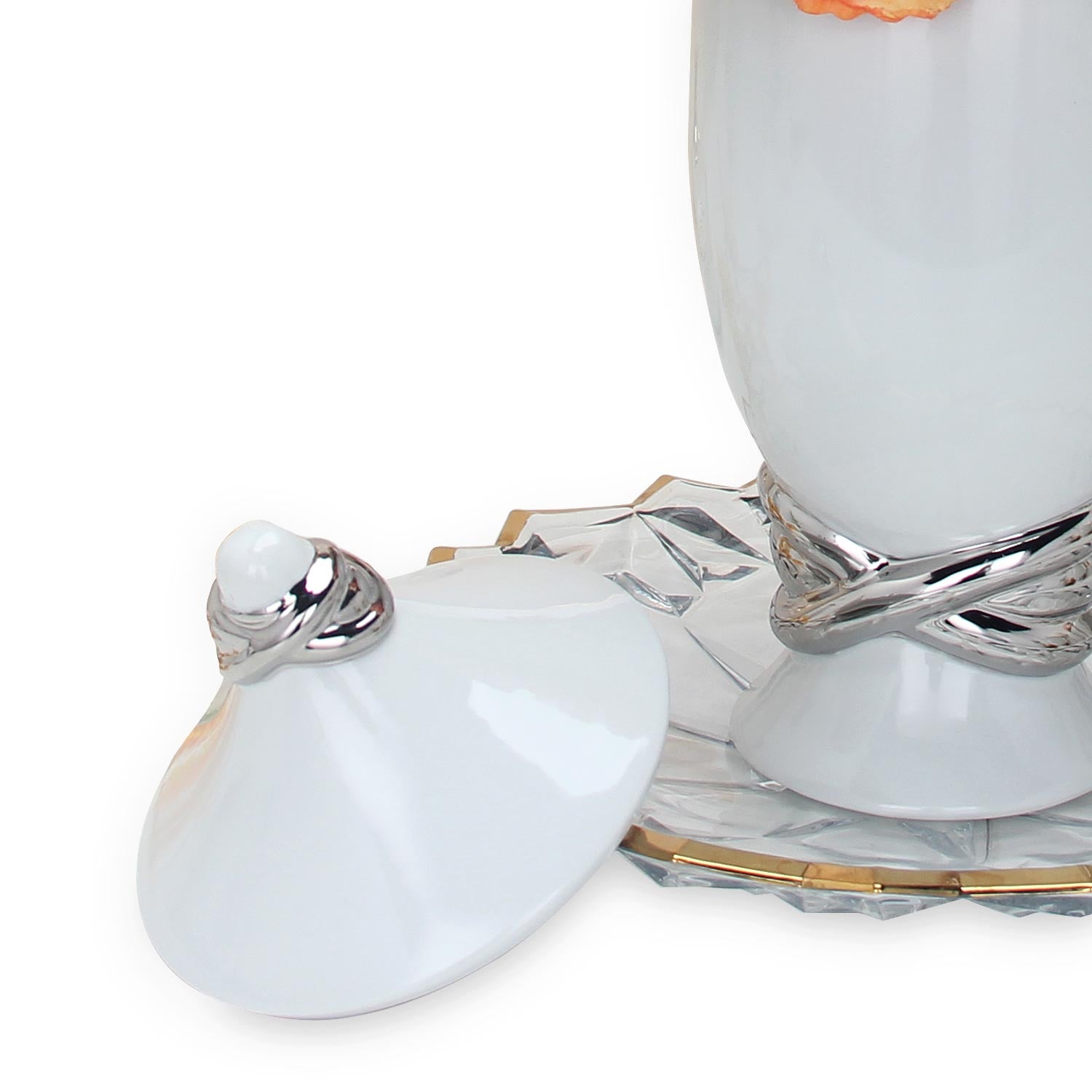 White Ceramic Decorative Jar With Silver Accent And Lid White Ceramic