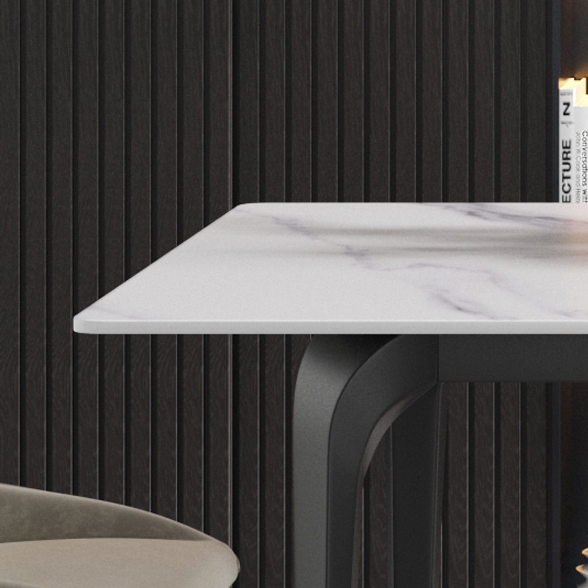 70.87" Modern Artificial Stone White Straight Edge Black Metal Leg Dining Table Can Accommodate 6 8 People White Metal Sintered Stone