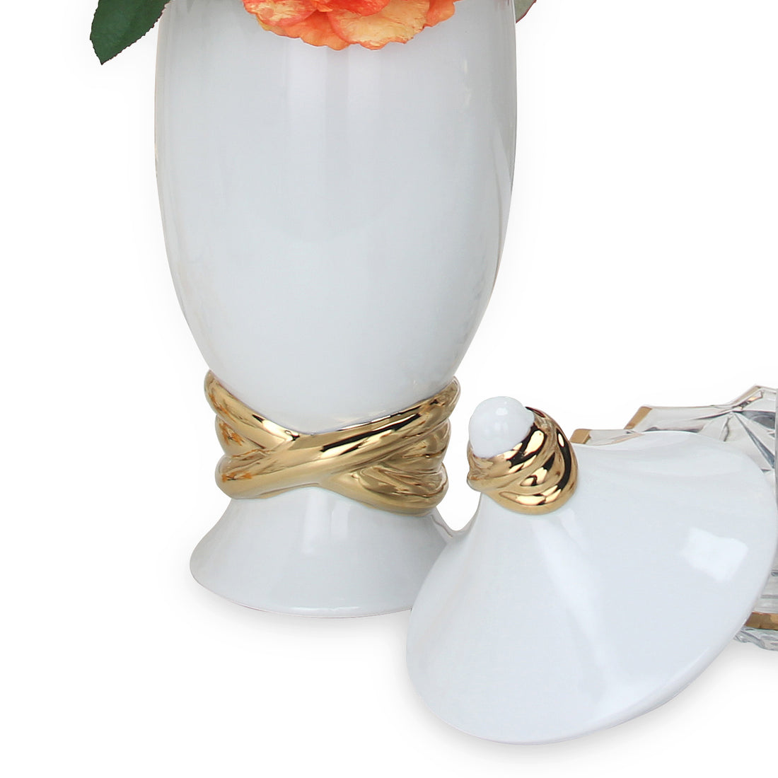 White Ceramic Decorative Jar With Gold Accent And Lid White Ceramic