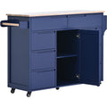 Kitchen Cart With Rubber Wood Countertopkitchen Island Has 8 Handle Free Drawers Including A Flatware Organizer And 5 Wheels For Kitchen Dinning Room, Dark Blue Blue Mdf