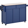 Kitchen Cart With Rubber Wood Countertopkitchen Island Has 8 Handle Free Drawers Including A Flatware Organizer And 5 Wheels For Kitchen Dinning Room, Dark Blue Blue Mdf