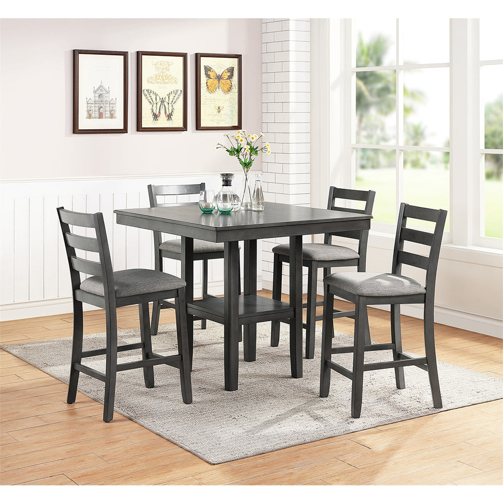 5 Piece Counter Height Dining Set In Grey Grey Ladder Back Seats 4 Dining Room 4 Leg Square Mdf