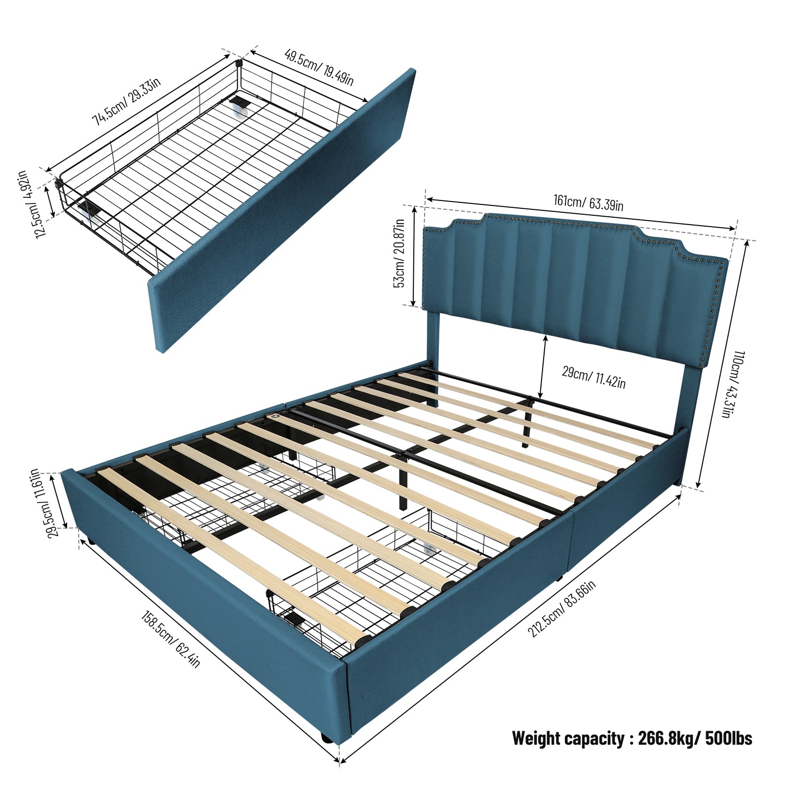 Queen Size Upholstered Platform Bed Linen Bed Frame With 2 Drawers Stitched Padded Headboard With Rivets Design Strong Bed Slats System No Box Spring Needed Blue Queen Blue Cotton Linen
