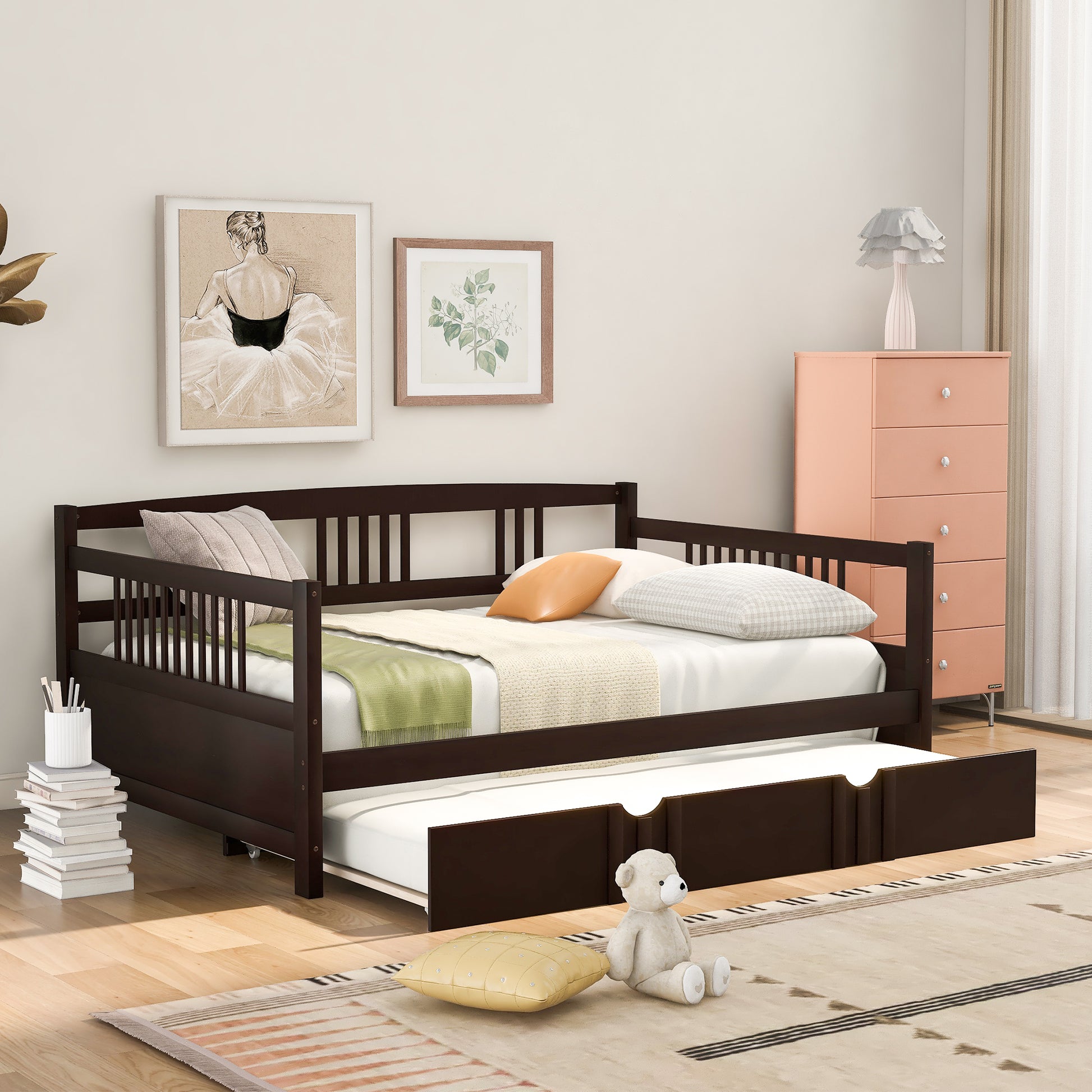 Full Size Daybed Wood Bed With Twin Size Trundle,Espresso Espresso Solid Wood