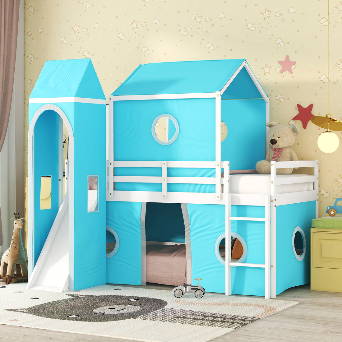 Twin Size Loft Bed With Slide Blue Tent And Tower Blue Twin Blue Solid Wood