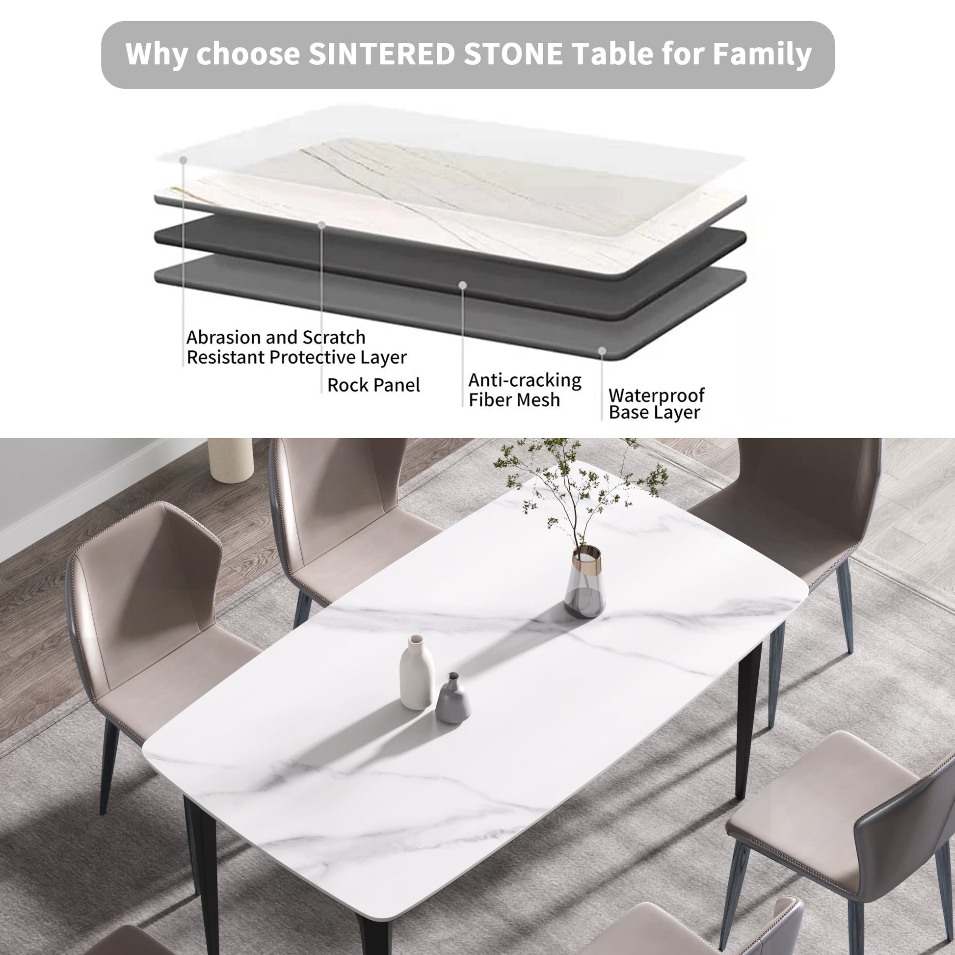 63"Modern Artificial Stone White Curved Black Metal Leg Dining Table 6 People White Metal Sintered Stone