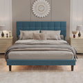 Queen Size Upholstered Platform Bed Linen Bed Frame With Lights Square Stitched Adjustable Headboard Strong Bed Slats System No Box Spring Needed Blue Queen Blue Cotton Linen