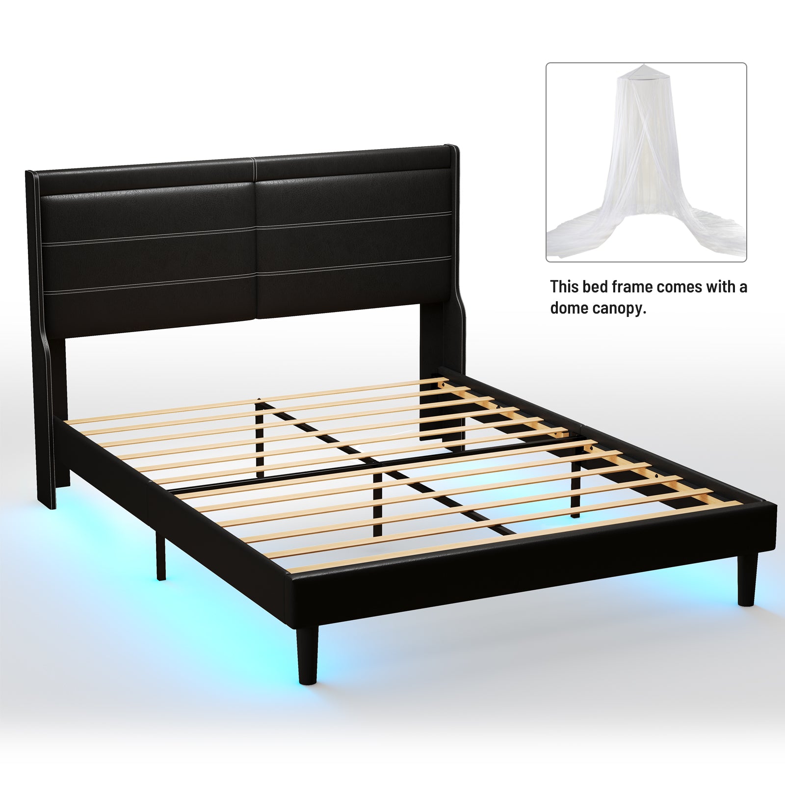 Queen Pu Leather Upholstered Bed Frame With Lights,Platform Bed Frame With Stitched Wing Backed Headboard Strong Wooden Slats Bed Canopy,No Box Spring Needed,Black Queen Antique Black Pu