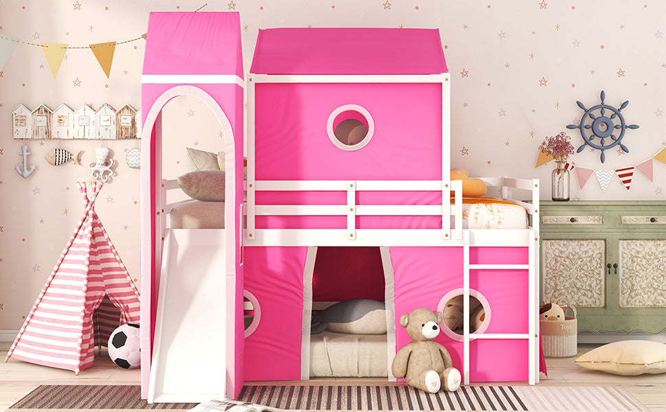 Full Size Loft Bed With Slide Pink Tent And Tower Pink Full Pink Solid Wood