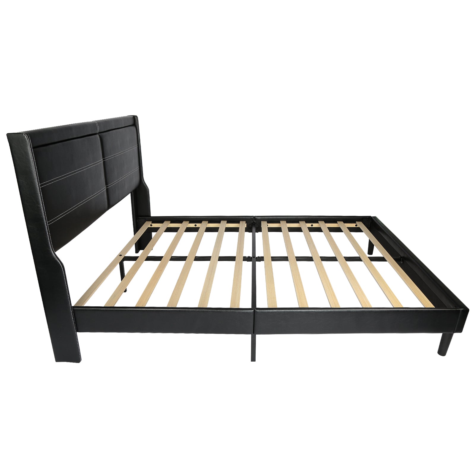 Queen Pu Leather Upholstered Bed Frame With Lights,Platform Bed Frame With Stitched Wing Backed Headboard Strong Wooden Slats Bed Canopy,No Box Spring Needed,Black Queen Antique Black Pu