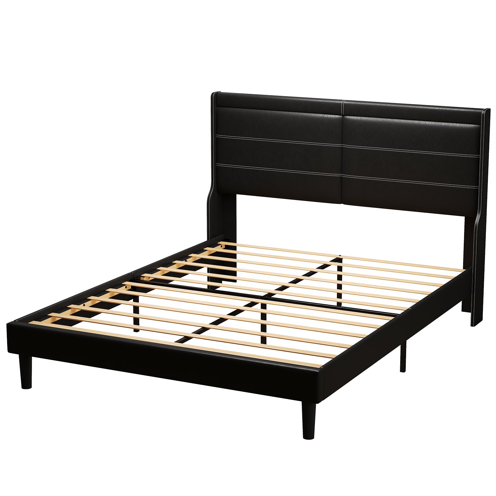 Queen Pu Leather Upholstered Bed Frame With Lights,Platform Bed Frame With Stitched Wing Backed Headboard Strong Wooden Slats Bed Canopy,No Box Spring Needed,Black Queen Antique Black Pu