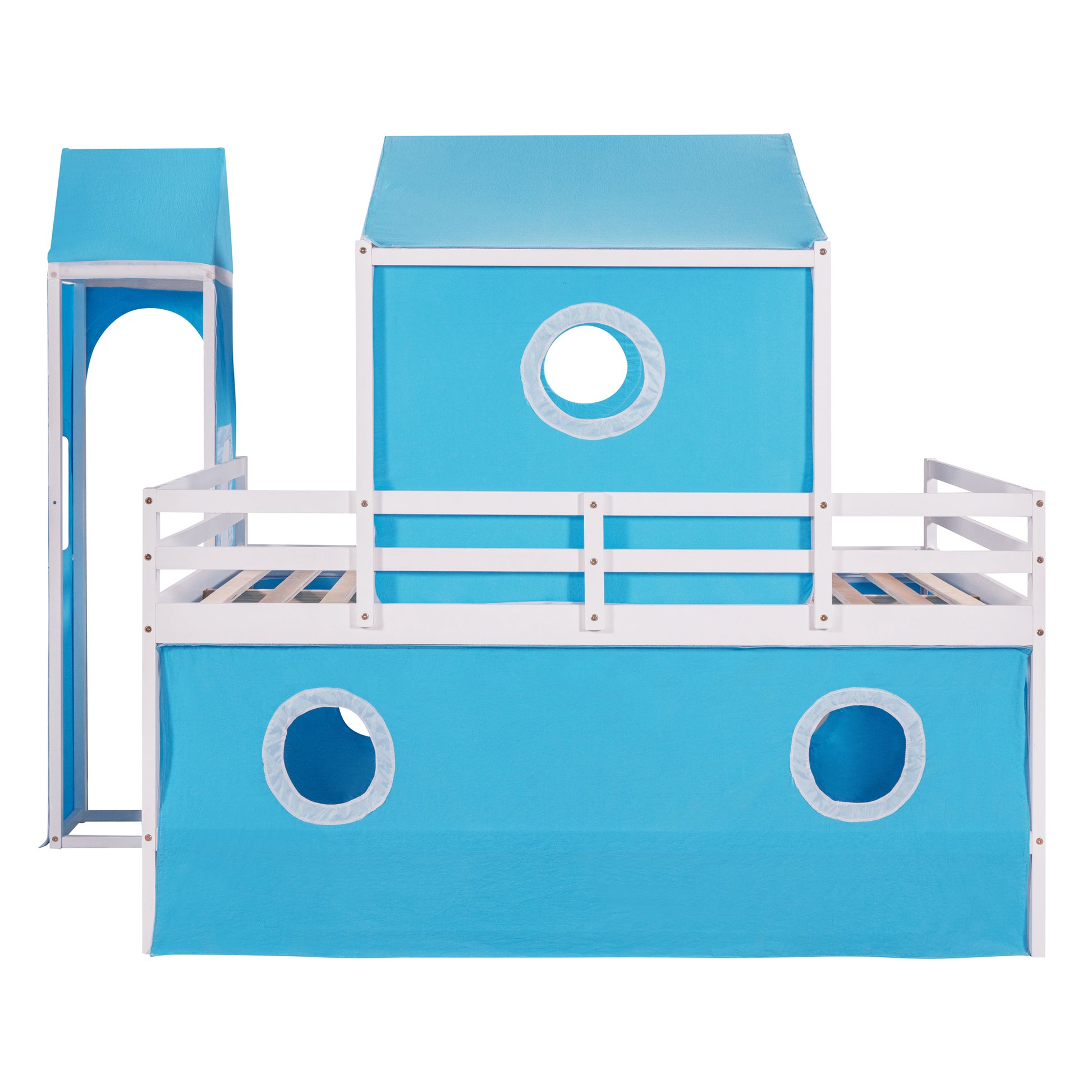 Full Size Loft Bed With Slide Blue Tent And Tower Blue Full Blue Solid Wood