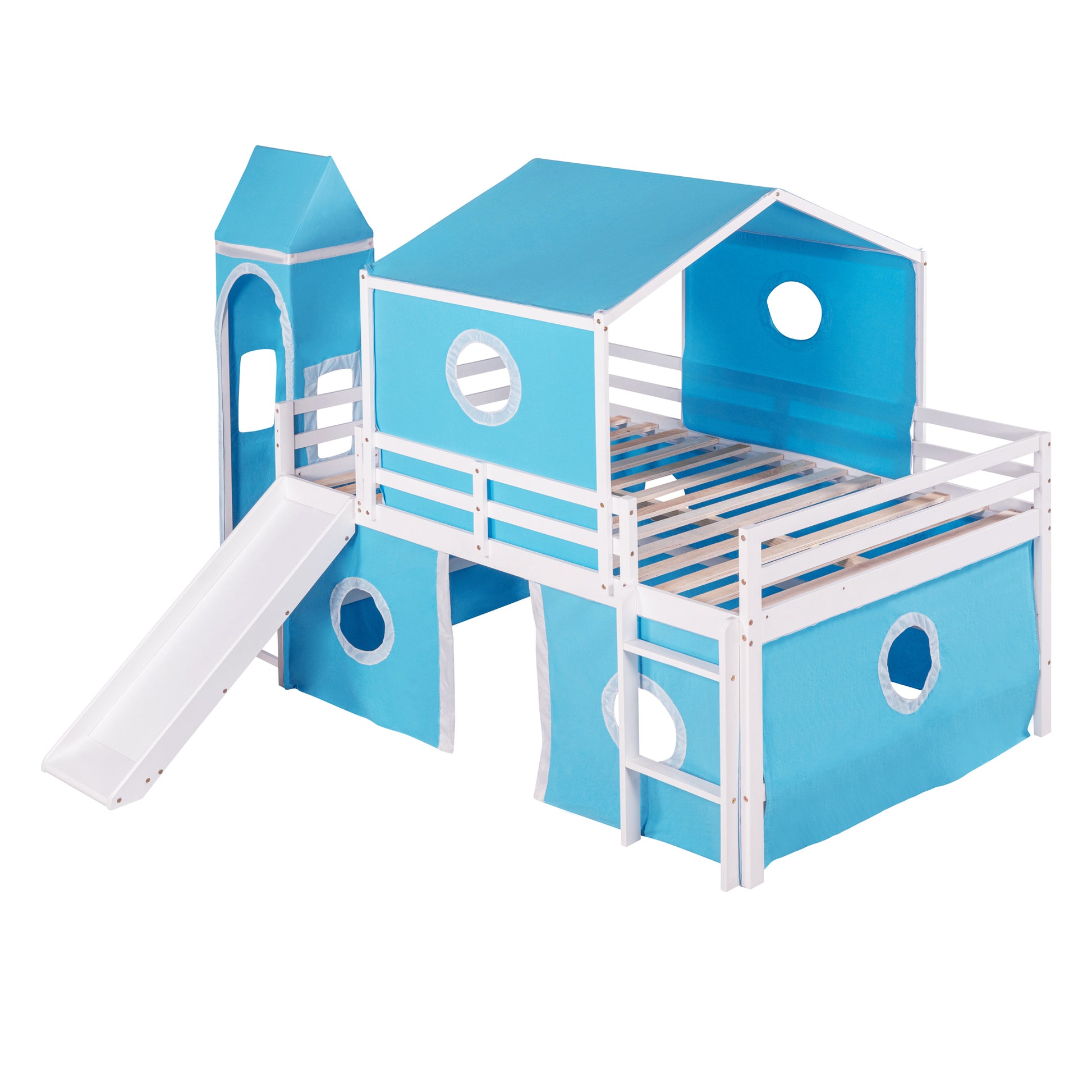 Full Size Loft Bed With Slide Blue Tent And Tower Blue Full Blue Solid Wood