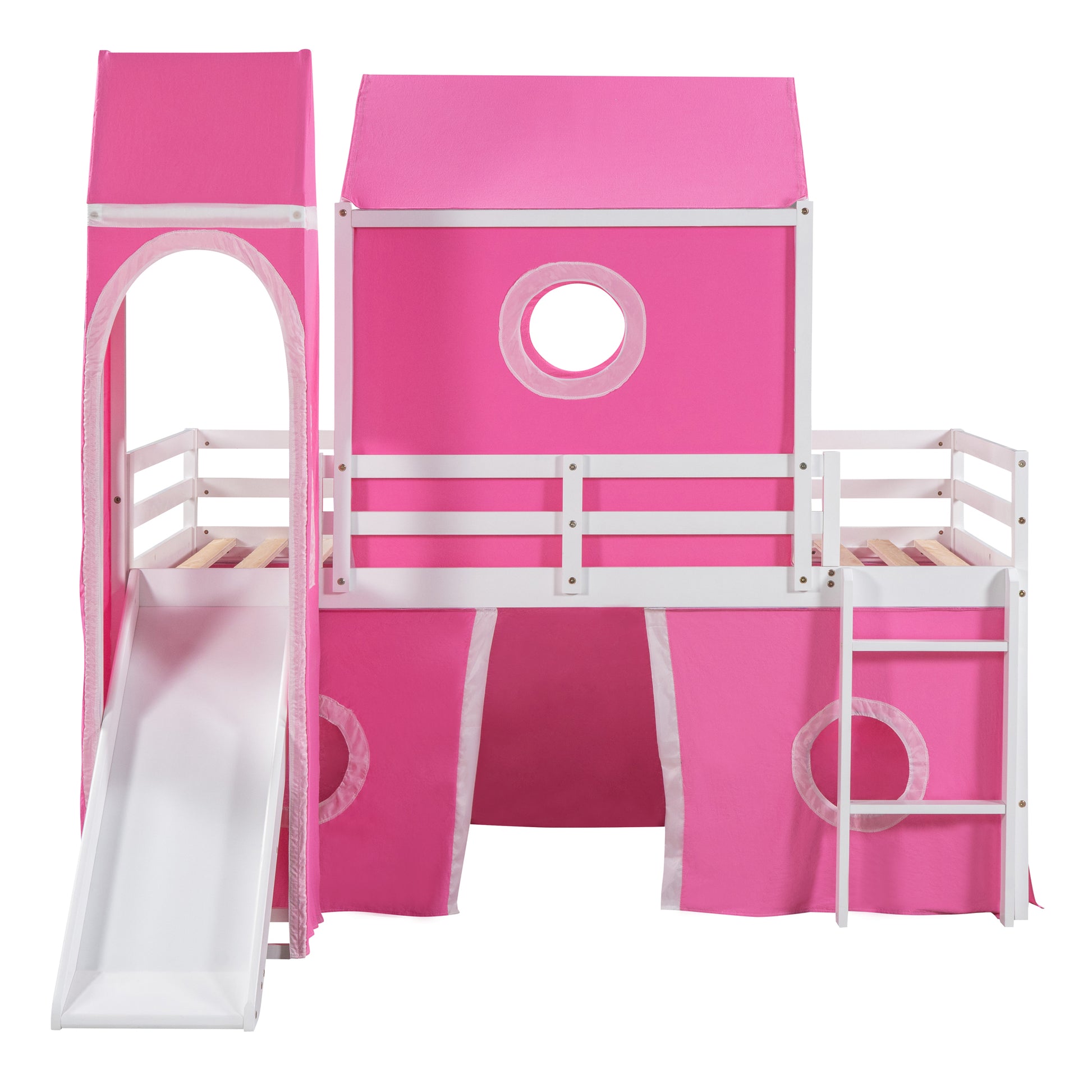 Twin Size Loft Bed With Slide Pink Tent And Tower Pink Twin Pink Solid Wood