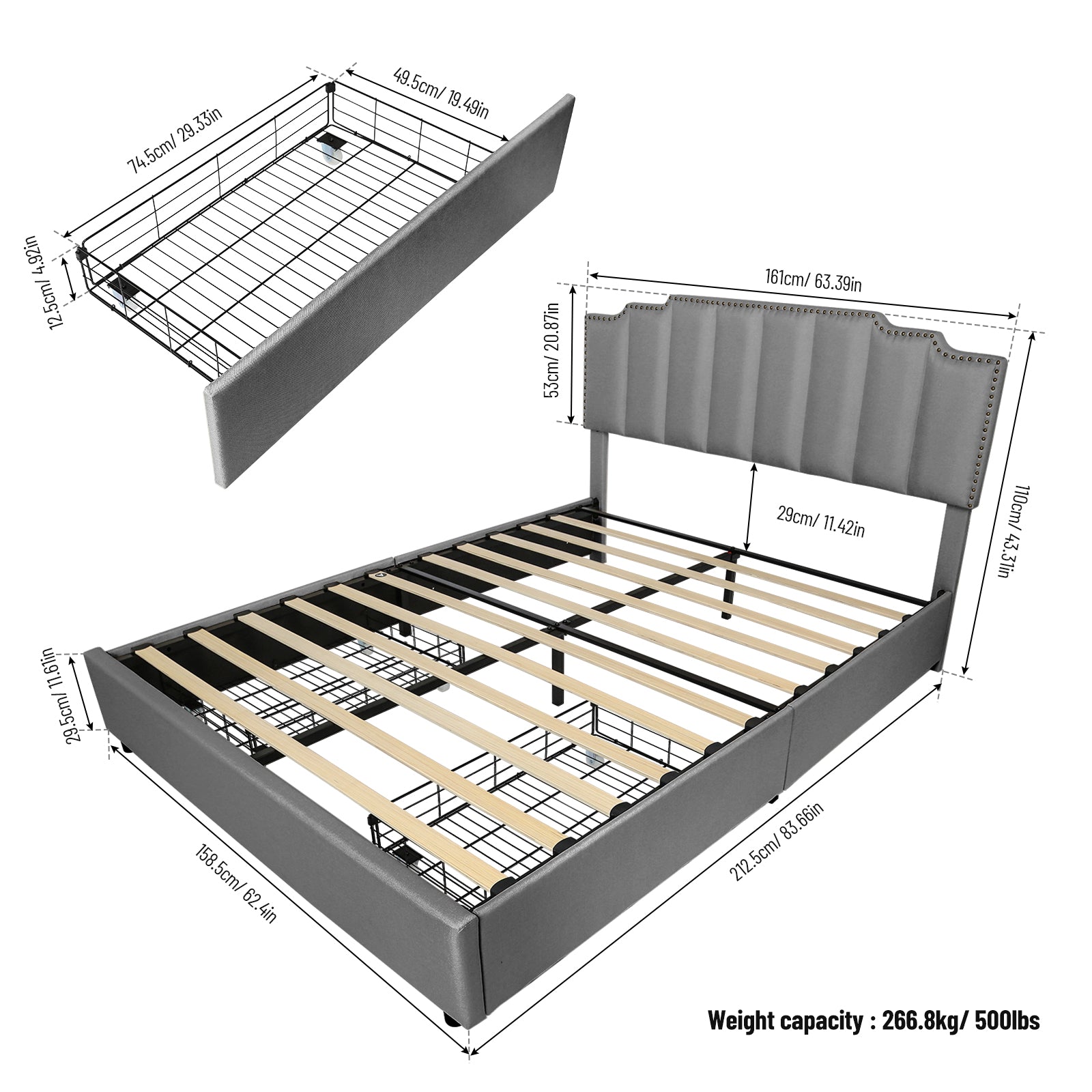 Queen Size Upholstered Platform Bed Linen Bed Frame With 2 Drawers Stitched Padded Headboard With Rivets Design Strong Bed Slats System No Box Spring Needed Grey Queen Grey Cotton Linen