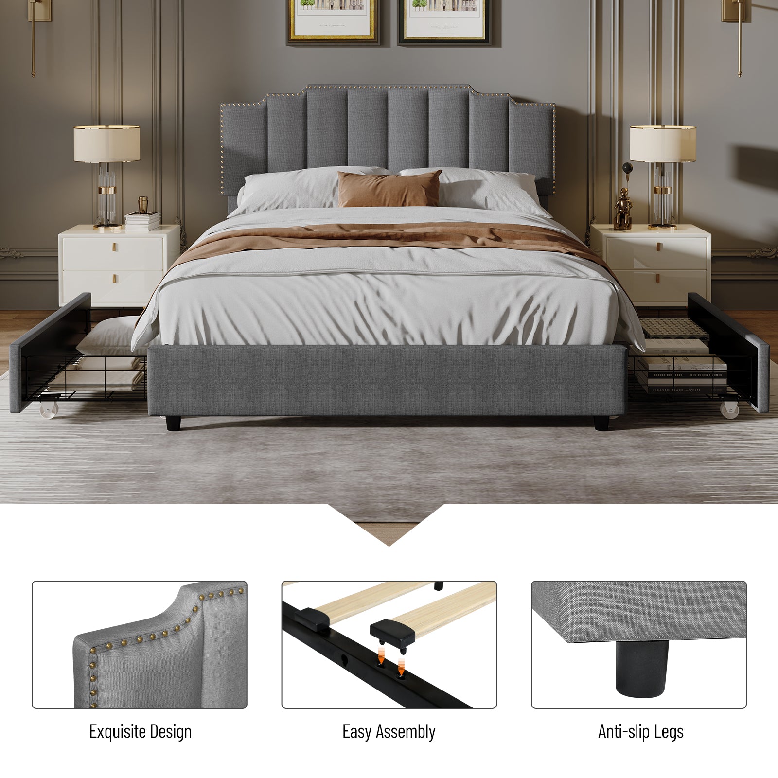 Queen Size Upholstered Platform Bed Linen Bed Frame With 2 Drawers Stitched Padded Headboard With Rivets Design Strong Bed Slats System No Box Spring Needed Grey Queen Grey Cotton Linen