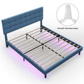 Queen Size Upholstered Platform Bed Linen Bed Frame With Lights Square Stitched Adjustable Headboard Strong Bed Slats System No Box Spring Needed Blue Queen Blue Cotton Linen