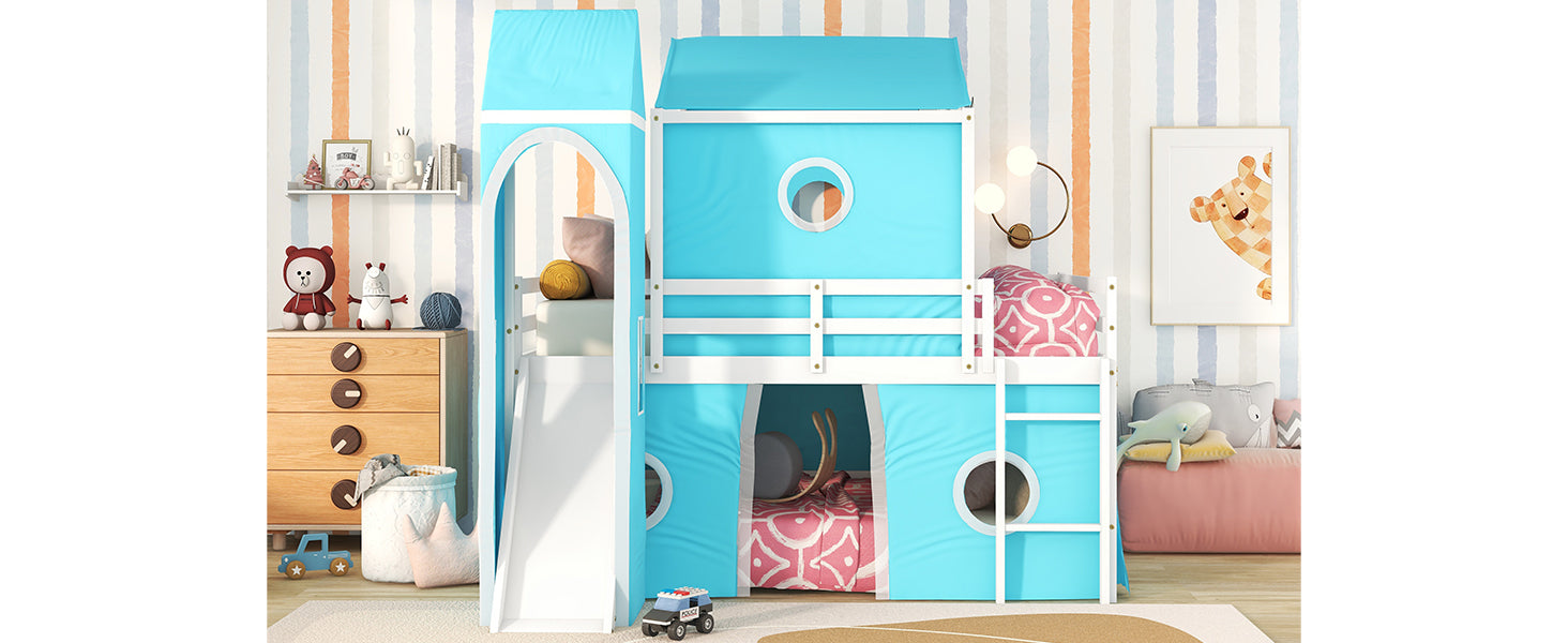 Full Size Loft Bed With Slide Blue Tent And Tower Blue Full Blue Solid Wood