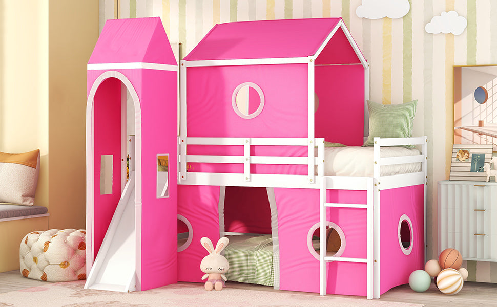 Twin Size Loft Bed With Slide Pink Tent And Tower Pink Twin Pink Solid Wood