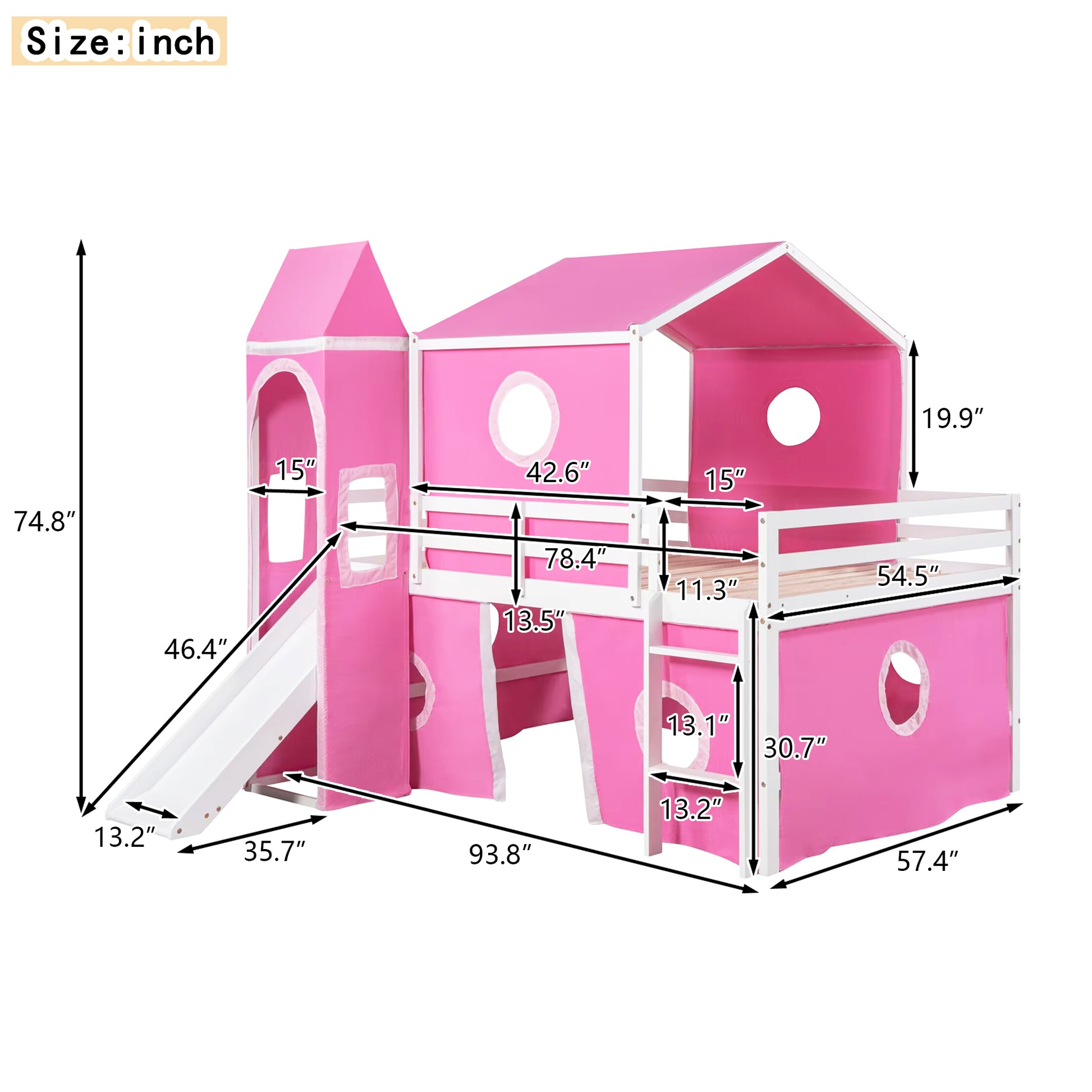 Full Size Loft Bed With Slide Pink Tent And Tower Pink Full Pink Solid Wood