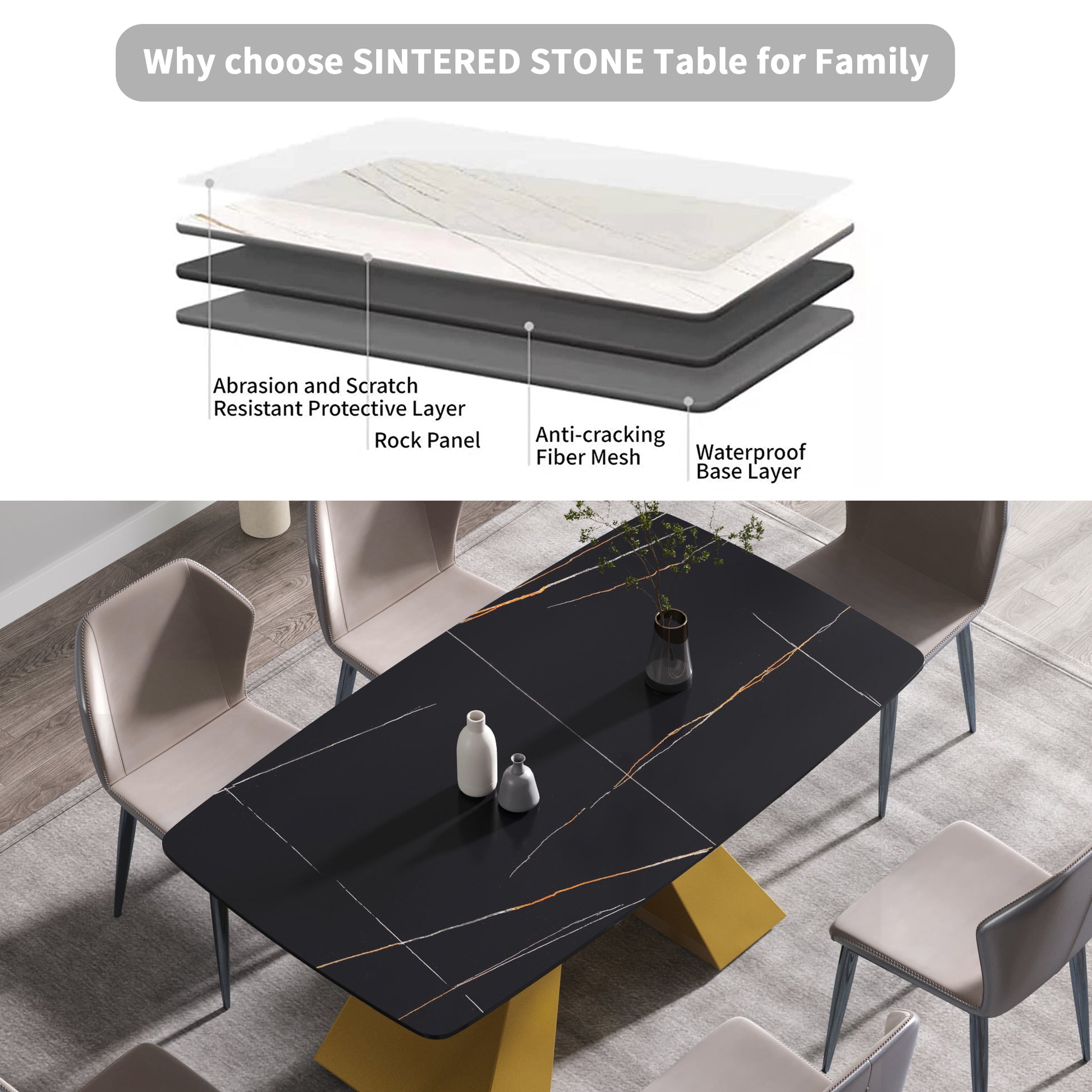63"Modern Artificial Stone Black Curved Golden Metal Leg Dining Table 6 People Black Metal Sintered Stone