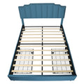 Queen Size Upholstered Platform Bed Linen Bed Frame With 2 Drawers Stitched Padded Headboard With Rivets Design Strong Bed Slats System No Box Spring Needed Blue Queen Blue Cotton Linen